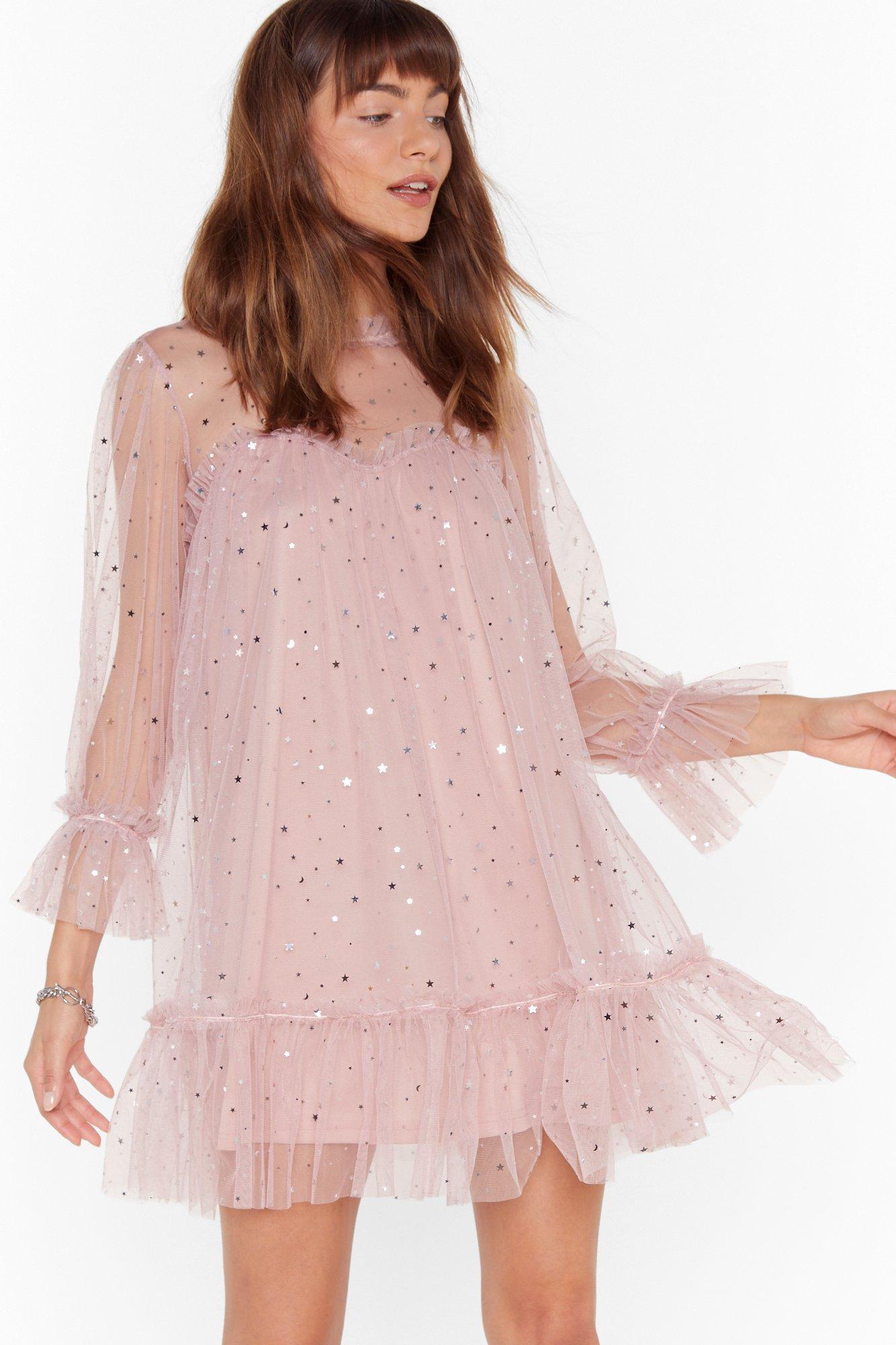 Sparkly Tiered Mesh Mini Dress in Pink 