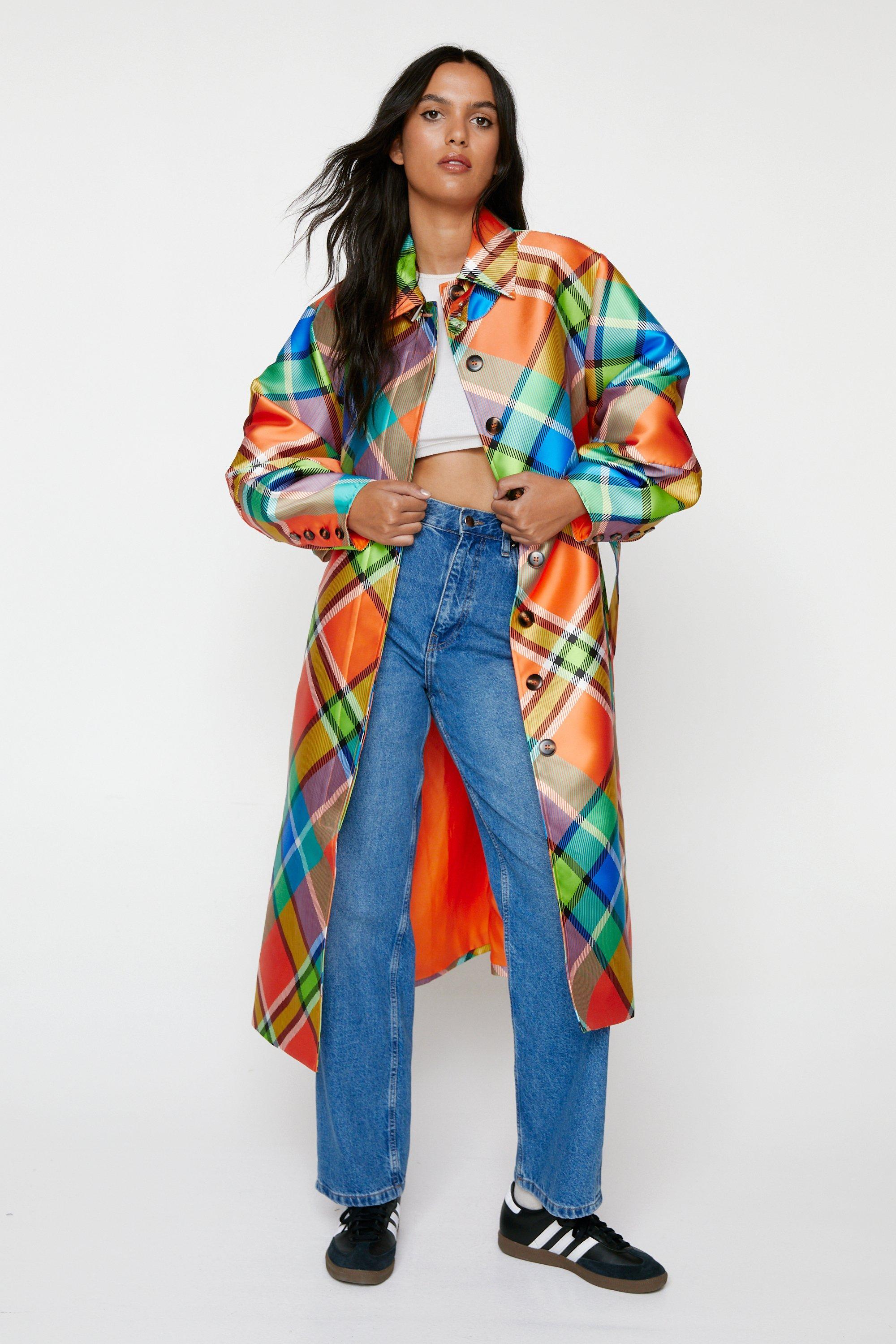 Nasty Gal Premium Structured Satin Twill Plaid Trench Coat in Blue | Lyst