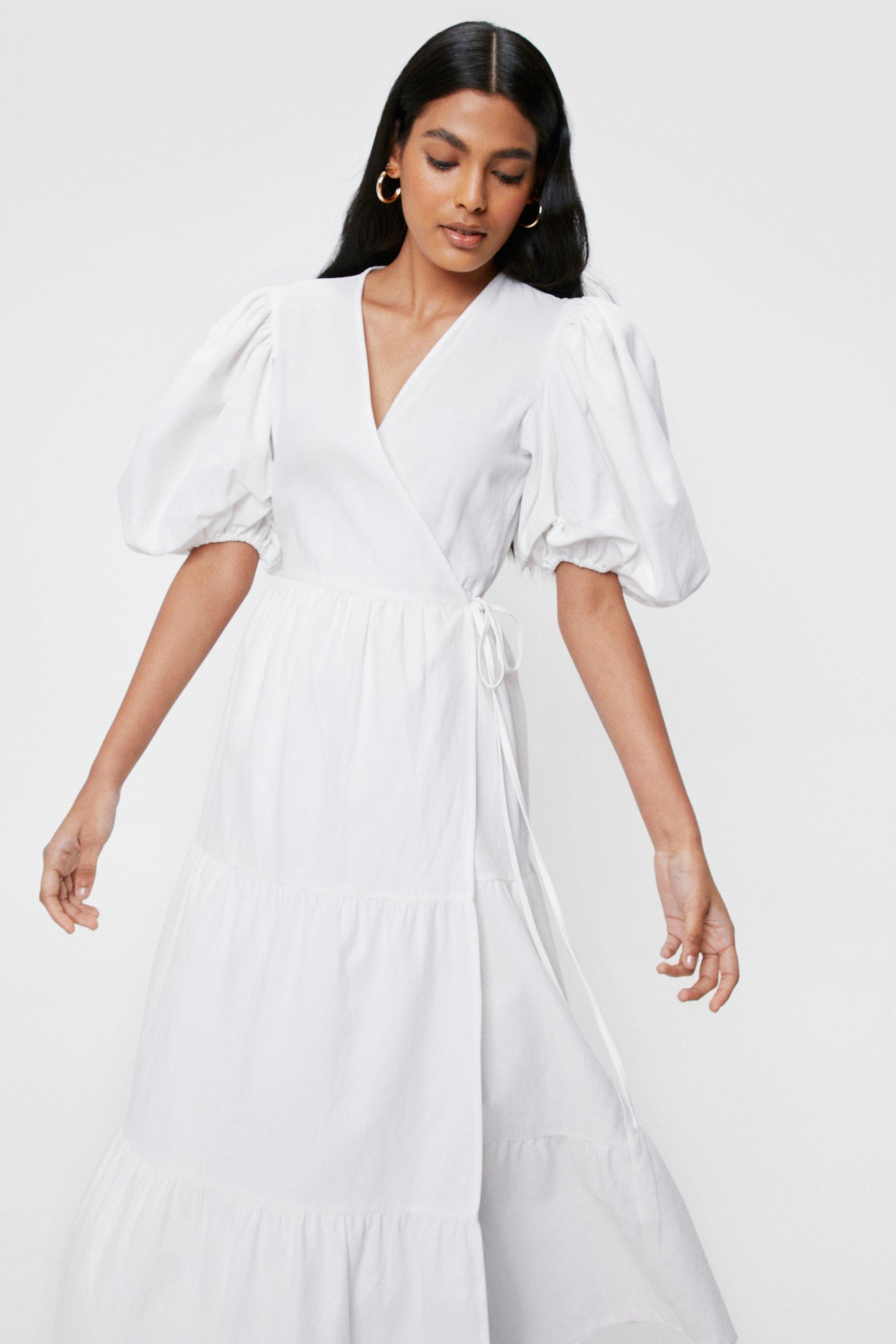 Puff Sleeve Wrap Midi Dress 