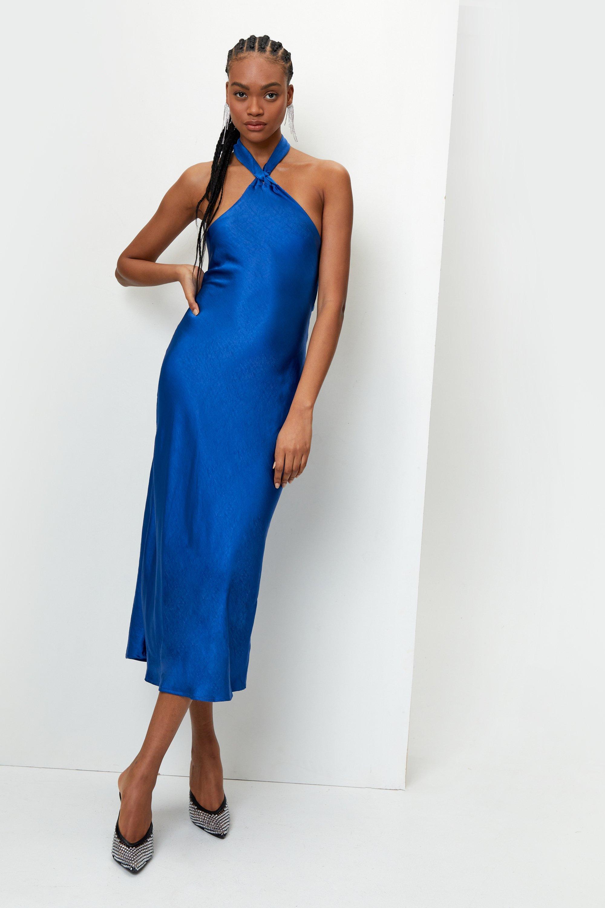 Knot Halter Neck Satin Midi Dress 