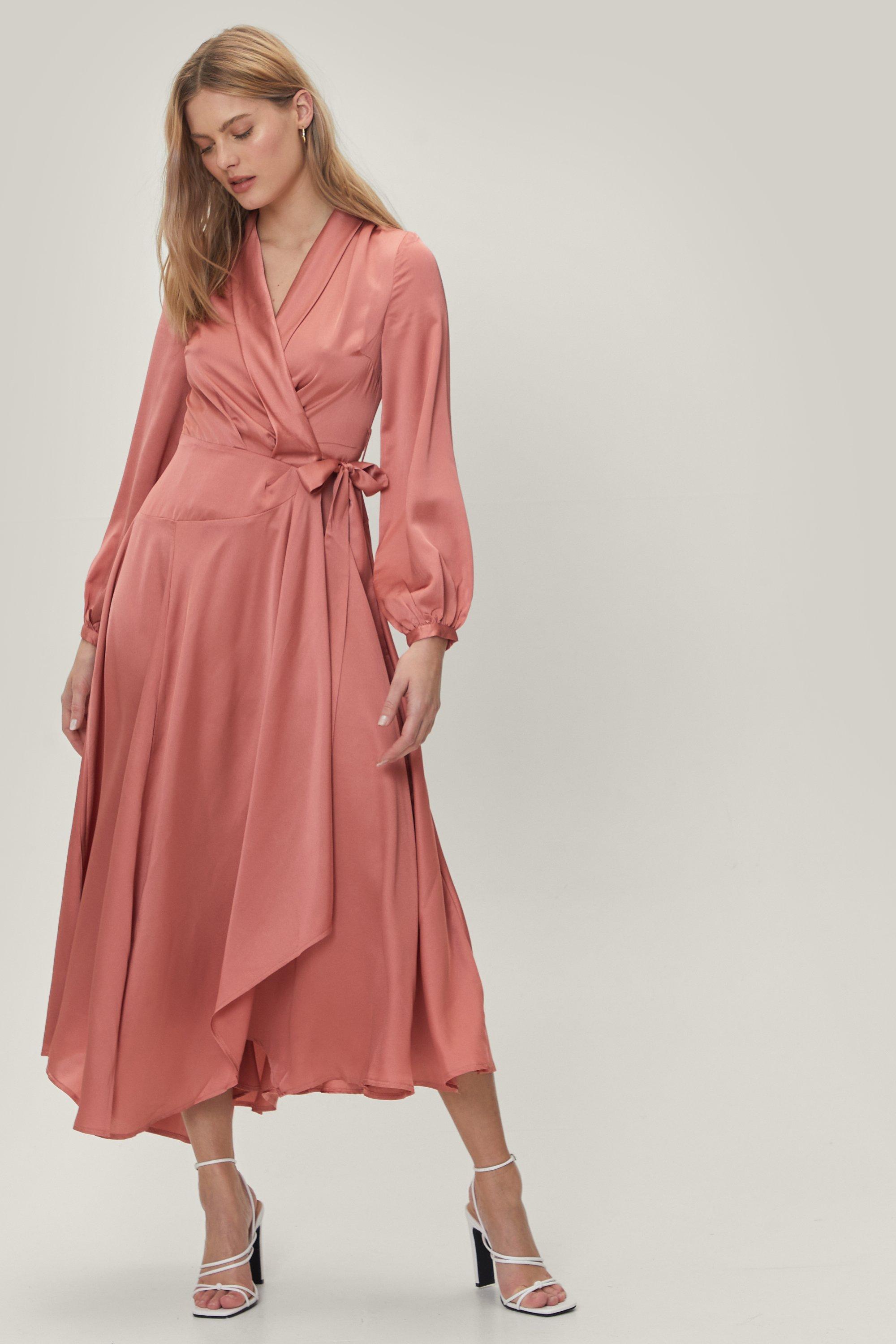 Nasty Gal Satin Long Sleeve Maxi Wrap Dress in Rose (Pink) | Lyst
