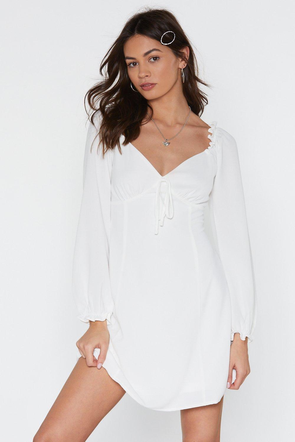 true romance cowl neck ruched knee length dress in oyster white