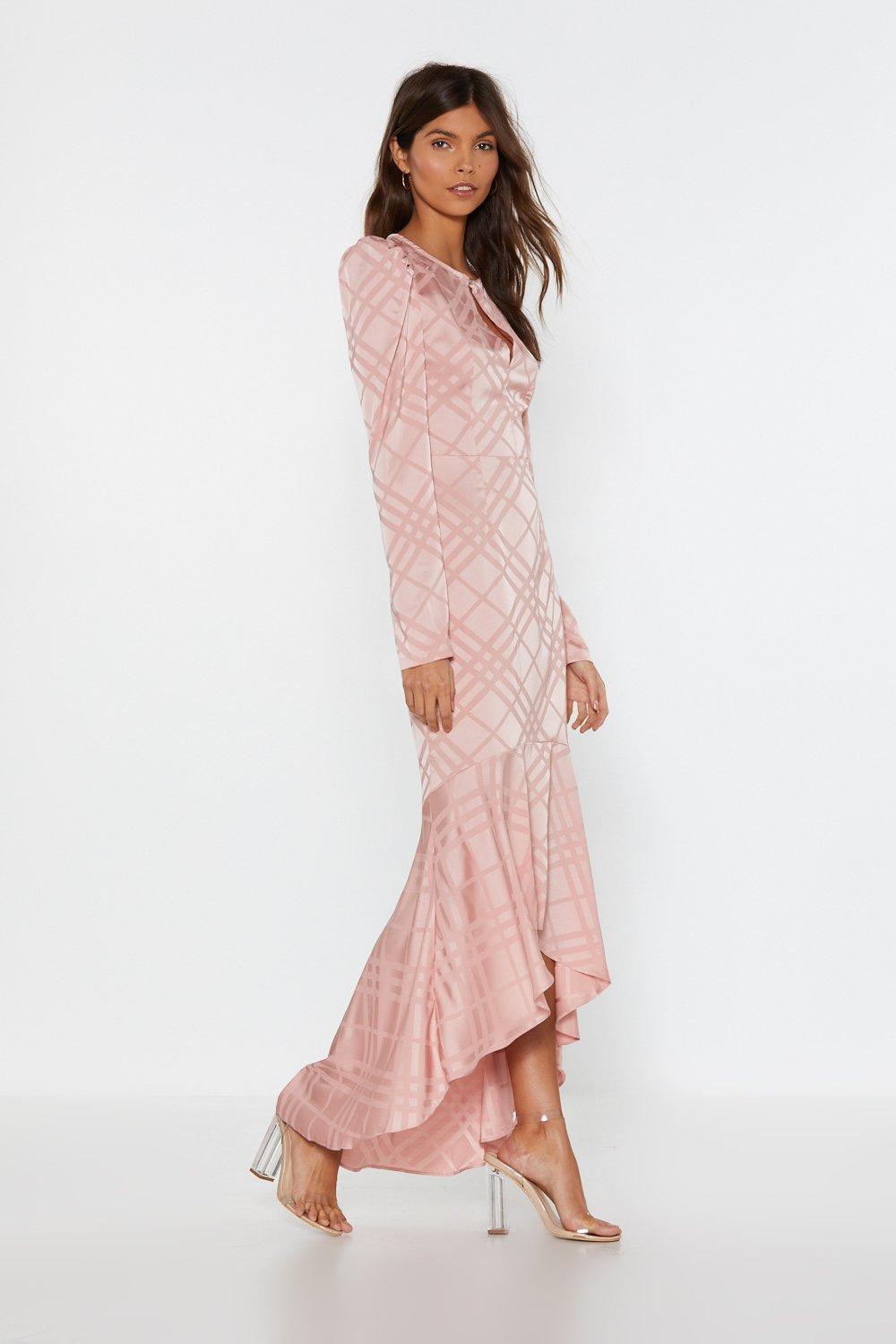 satin ruffle midi dress