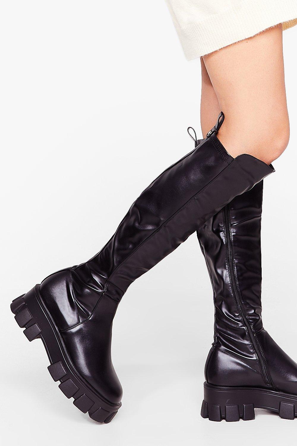 Nasty Gal Faux Leather Chunky Flat Knee 