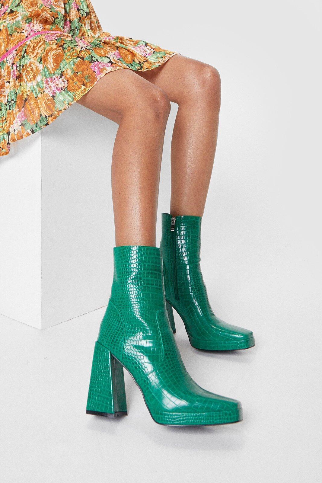 Faux Leather Croc High Ankle Sock Boots 