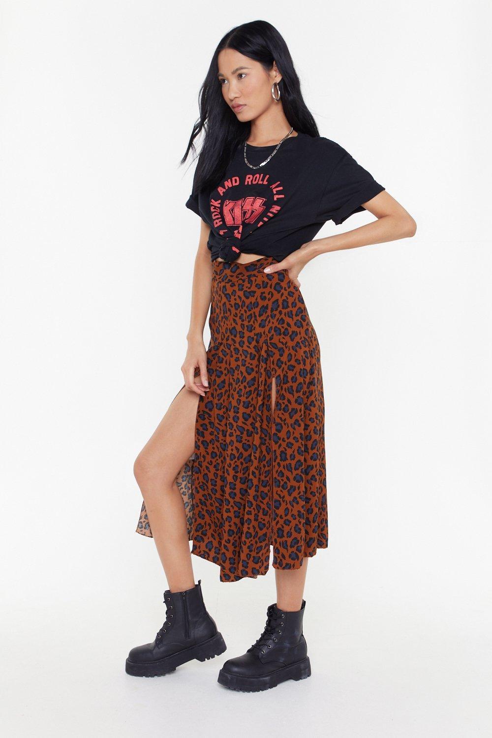 leopard print midi skirt with split