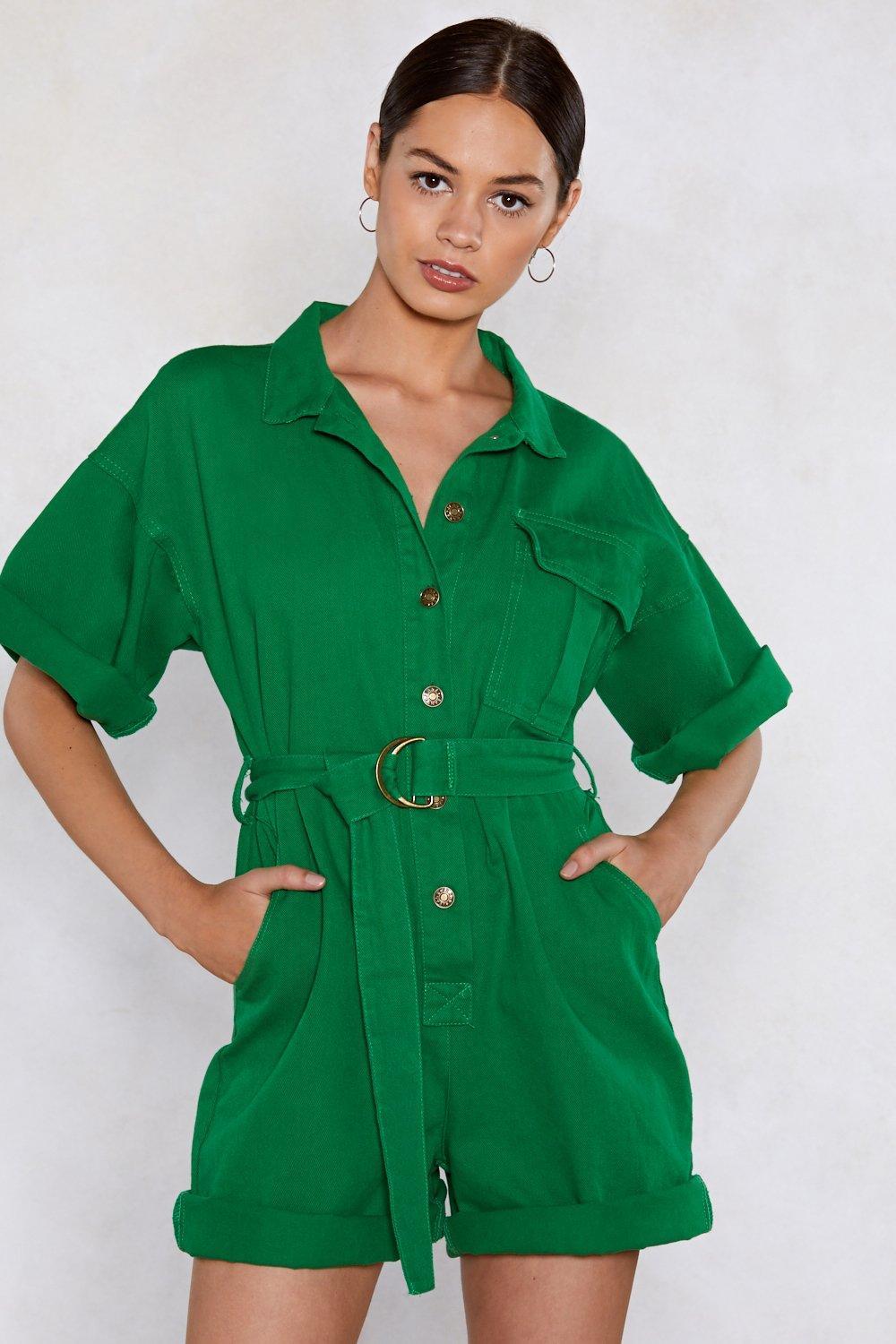 green denim romper