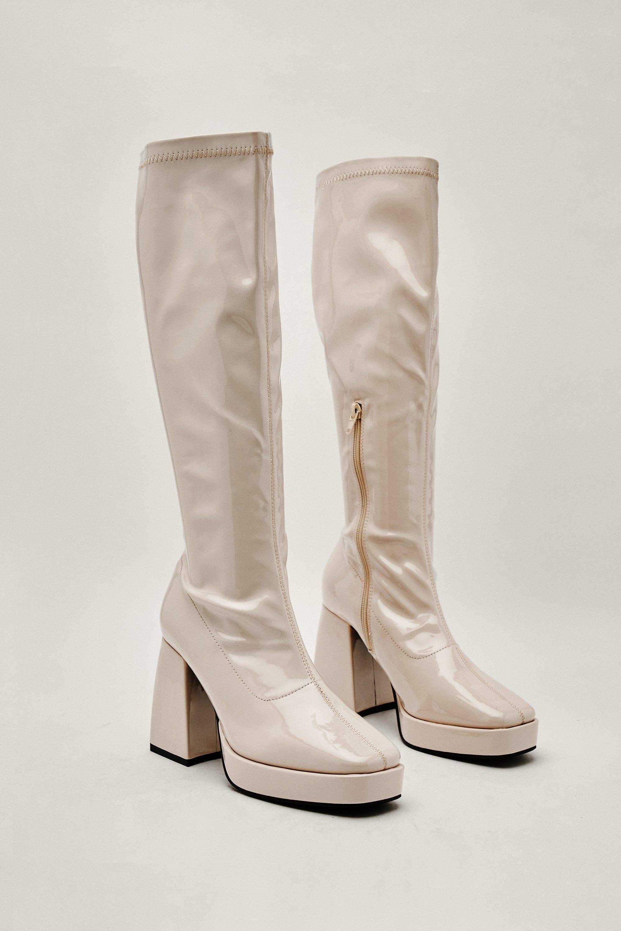 Nasty Gal Patent Faux Leather Knee High Platform Boots in Natural | Lyst