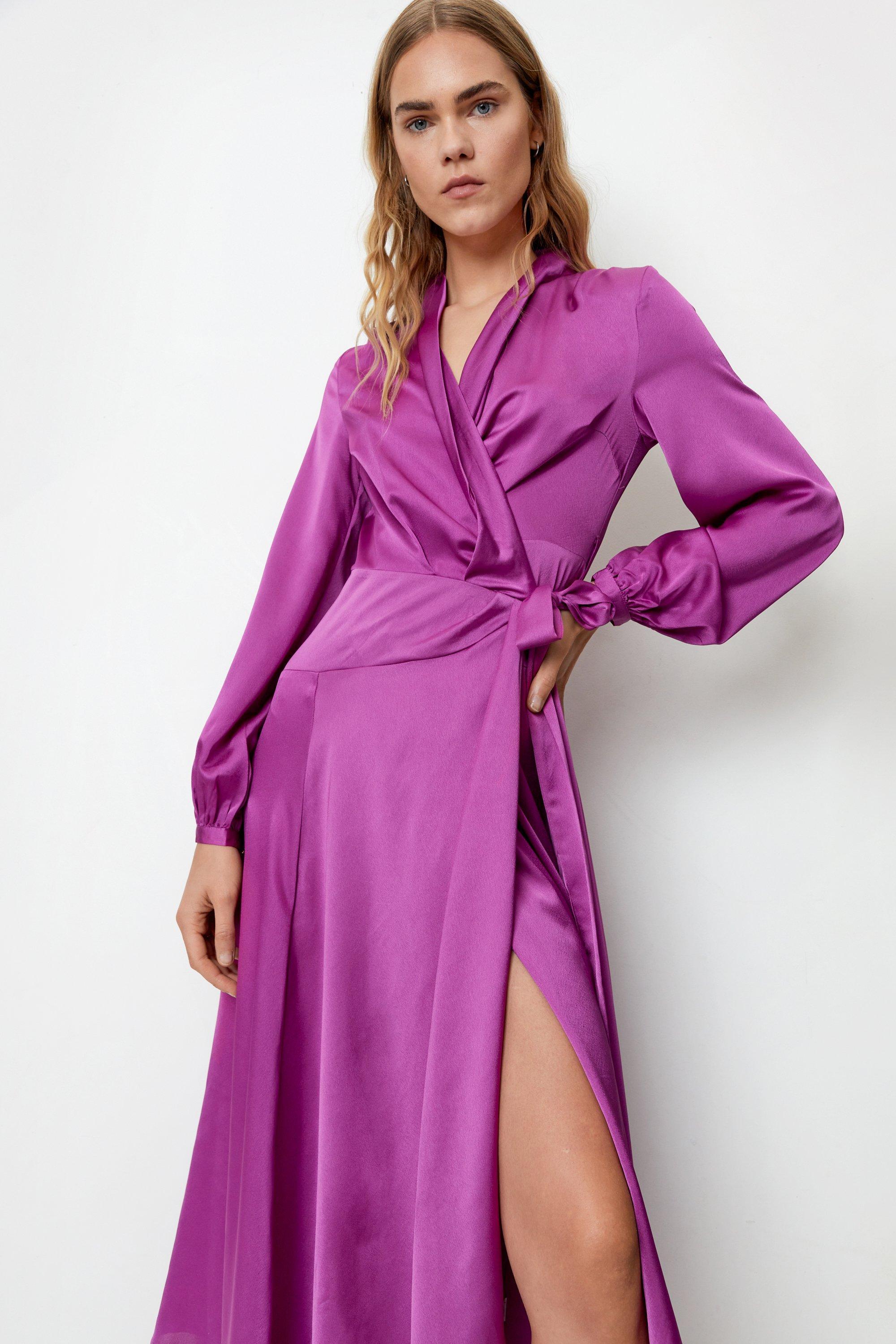 Nasty Gal Satin Wrap Long Sleeve Maxi Dress in Purple | Lyst