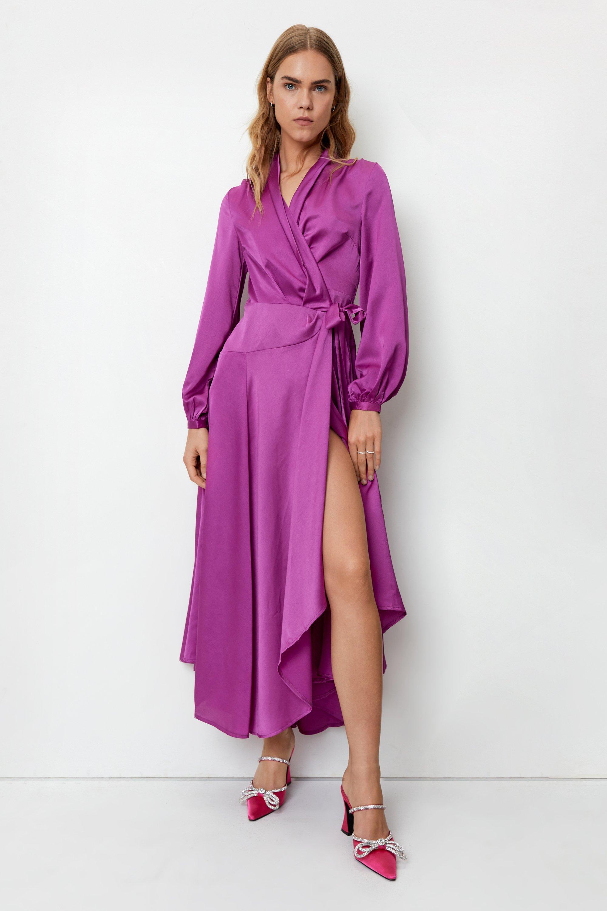 purple satin dress long sleeve