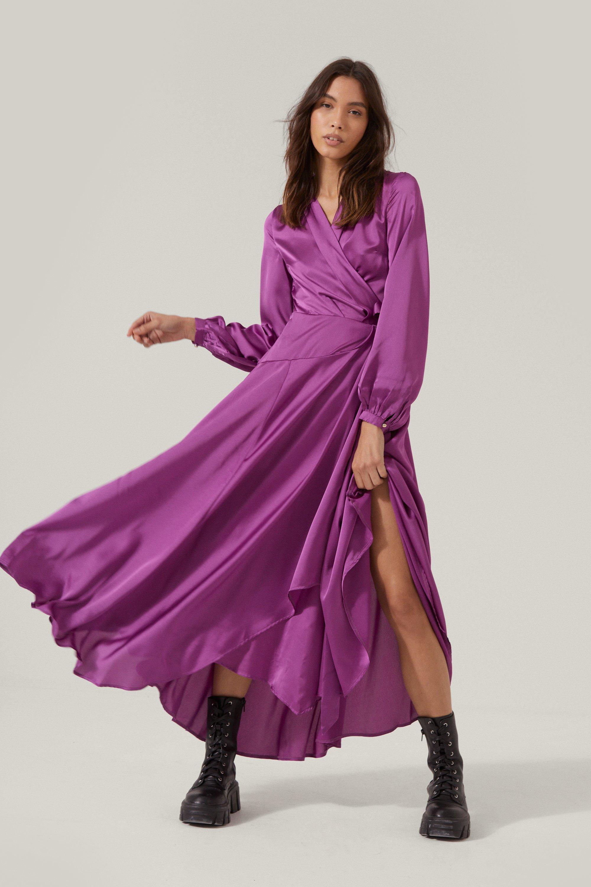 Nasty Gal Satin Wrap Long Sleeve Maxi Dress in Purple - Lyst