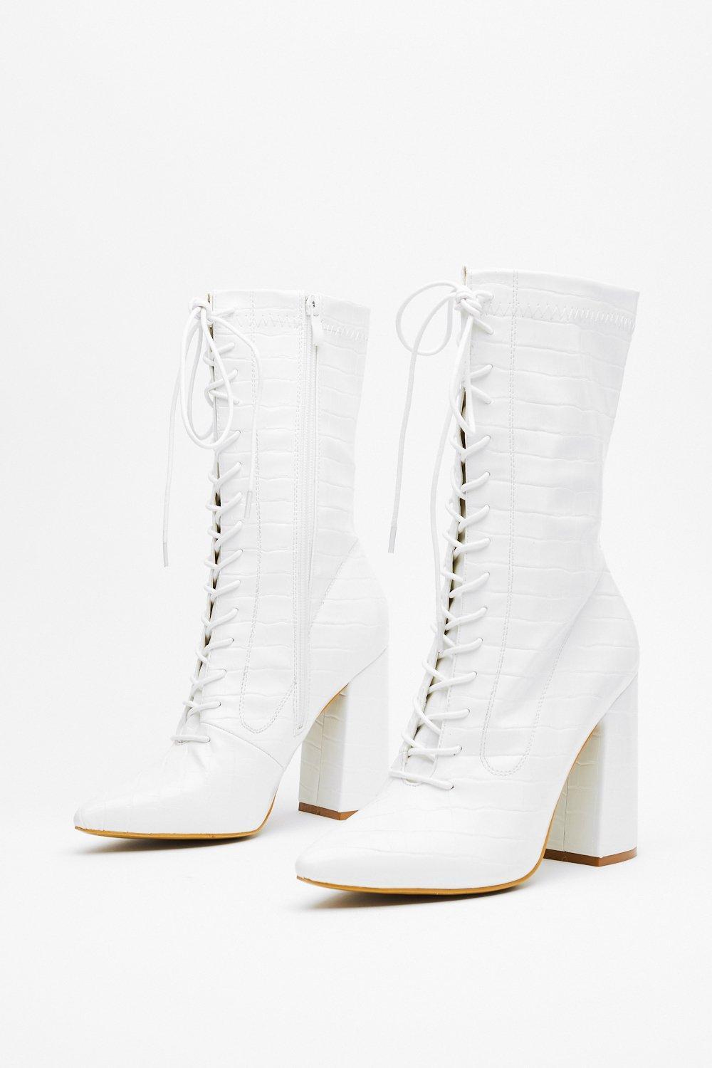 Nasty Gal Block Party Croc Heeled Boots in White | Lyst