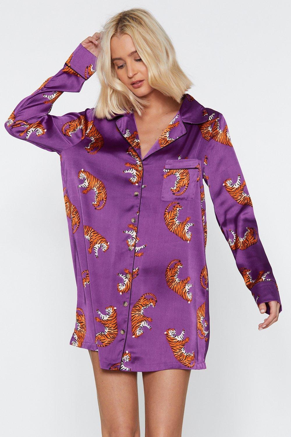 Nasty Gal Tiger Satin Pajama Shirt Night Dress in Purple | Lyst