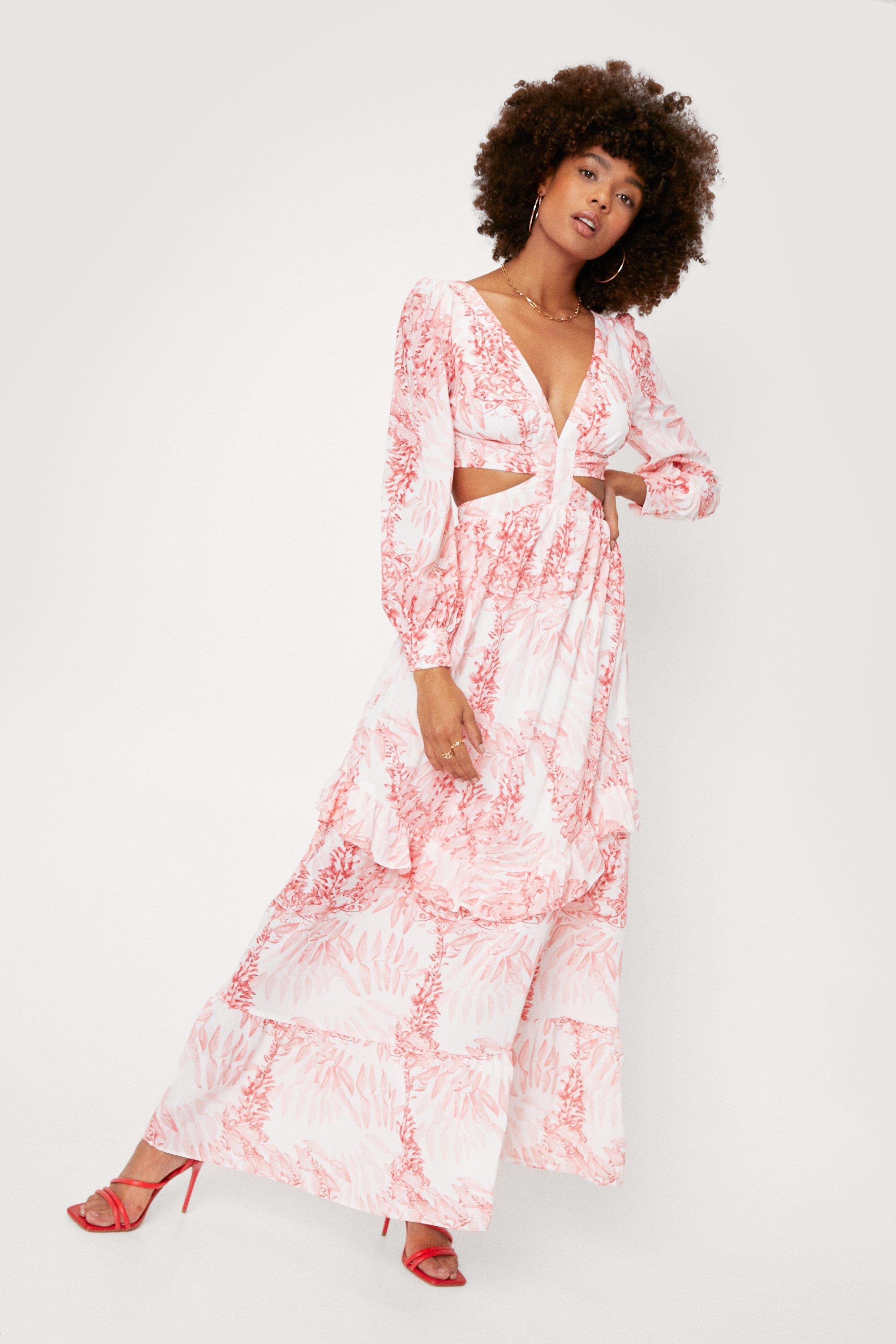 Nasty Gal Floral Print Cut Out Balloon Sleeve Maxi Dress in Red | Lyst