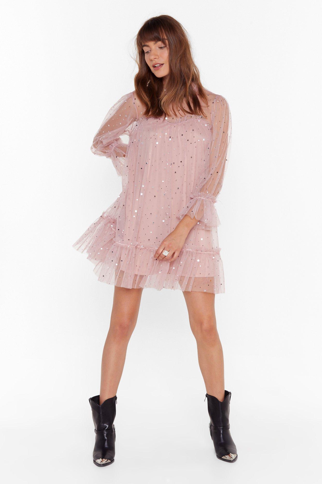 Sparkly Tiered Mesh Mini Dress in Pink ...