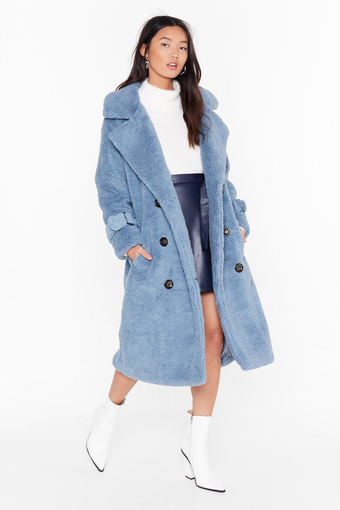 blue longline teddy coat