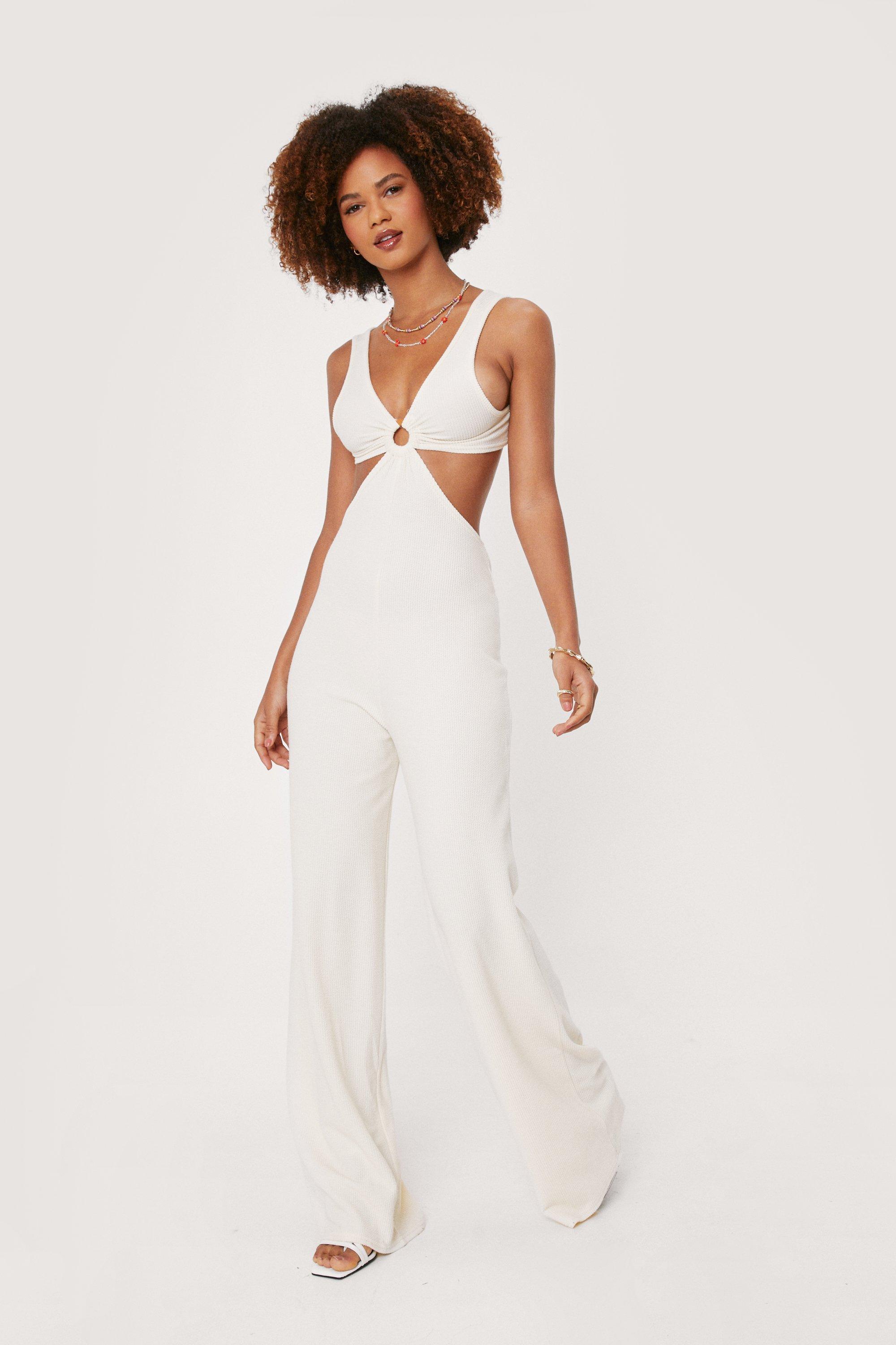 Nasty Gal Ribbed O Ring Cut Out Wide Leg Jumpsuit in White | Lyst