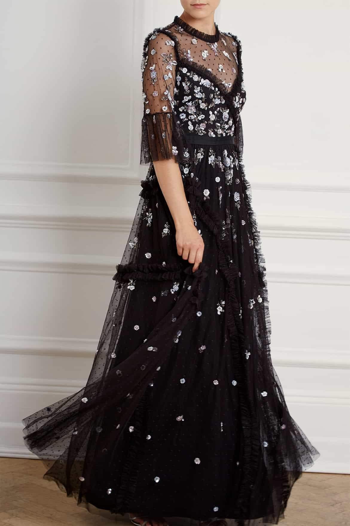 Needle & Thread Tulle Shimmer Ditsy Long Sleeve Gown in Black - Lyst