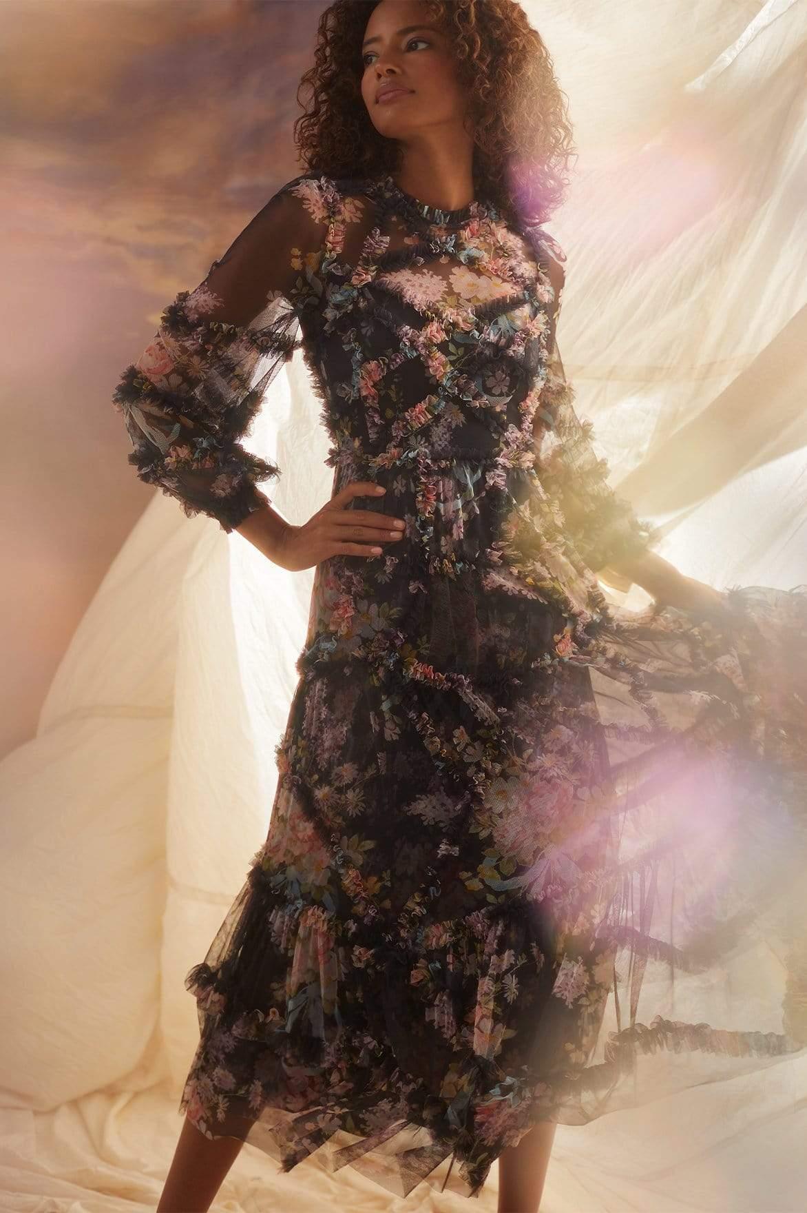 Needle & Thread Tulle Floral Diamond Ruffle Ballerina Dress in Black - Lyst