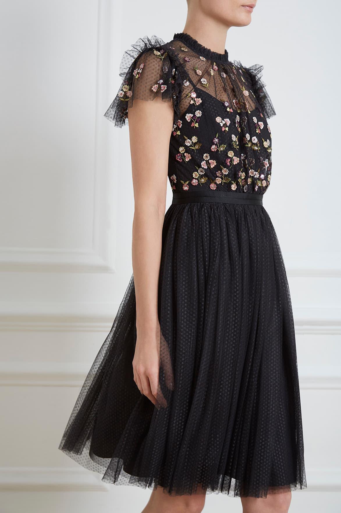 needle & thread embroidered bodice tulle maxi dress in graphite