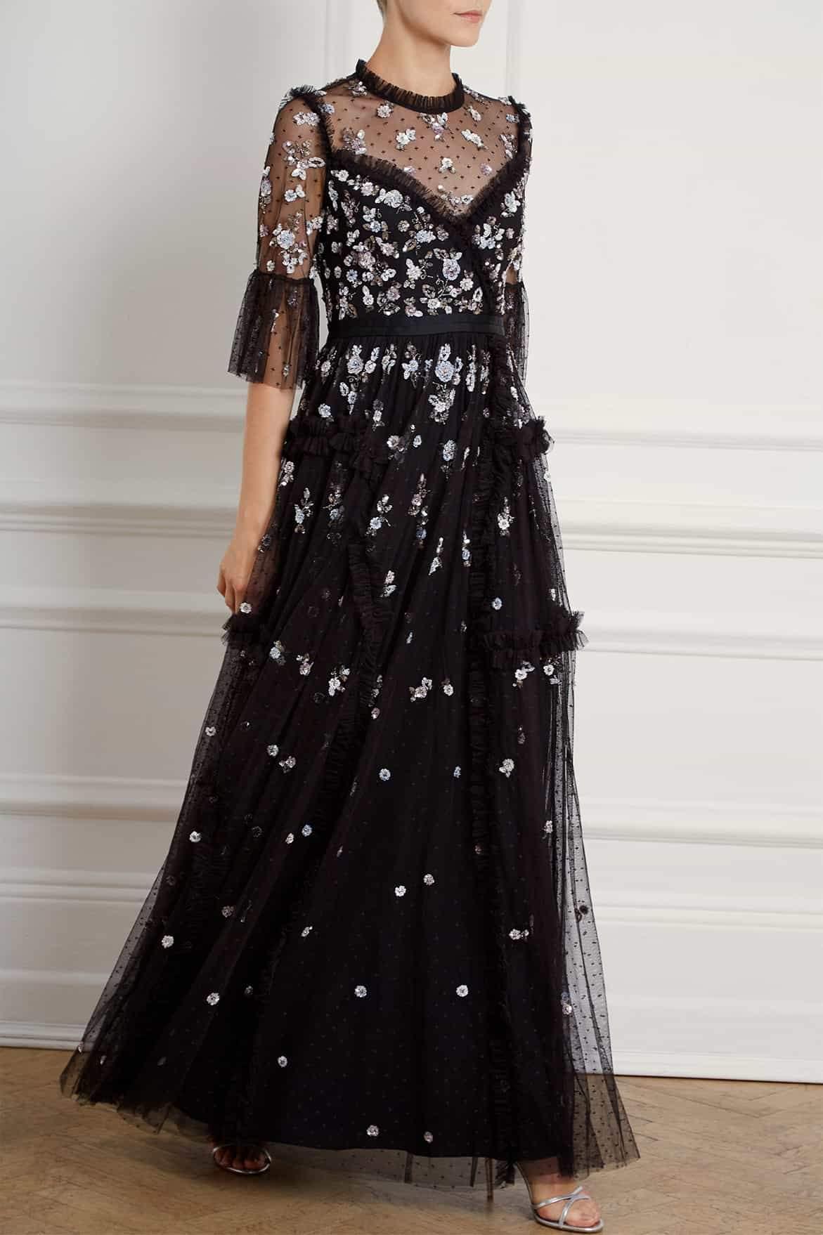 Needle & Thread Tulle Shimmer Ditsy Long Sleeve Gown in Black - Lyst