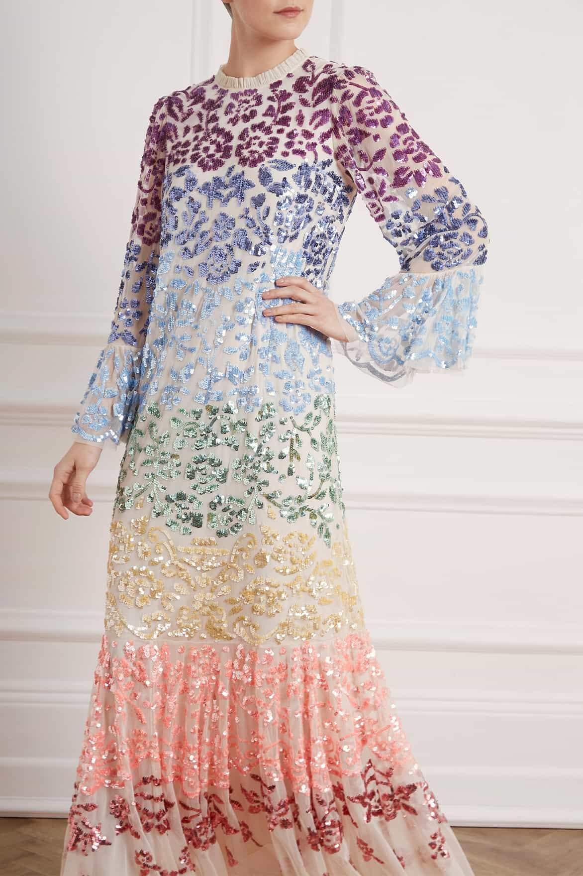 Needle & Thread Lace Chakra Sequin Long Sleeve Gown in Rainbow (Blue) - Lyst