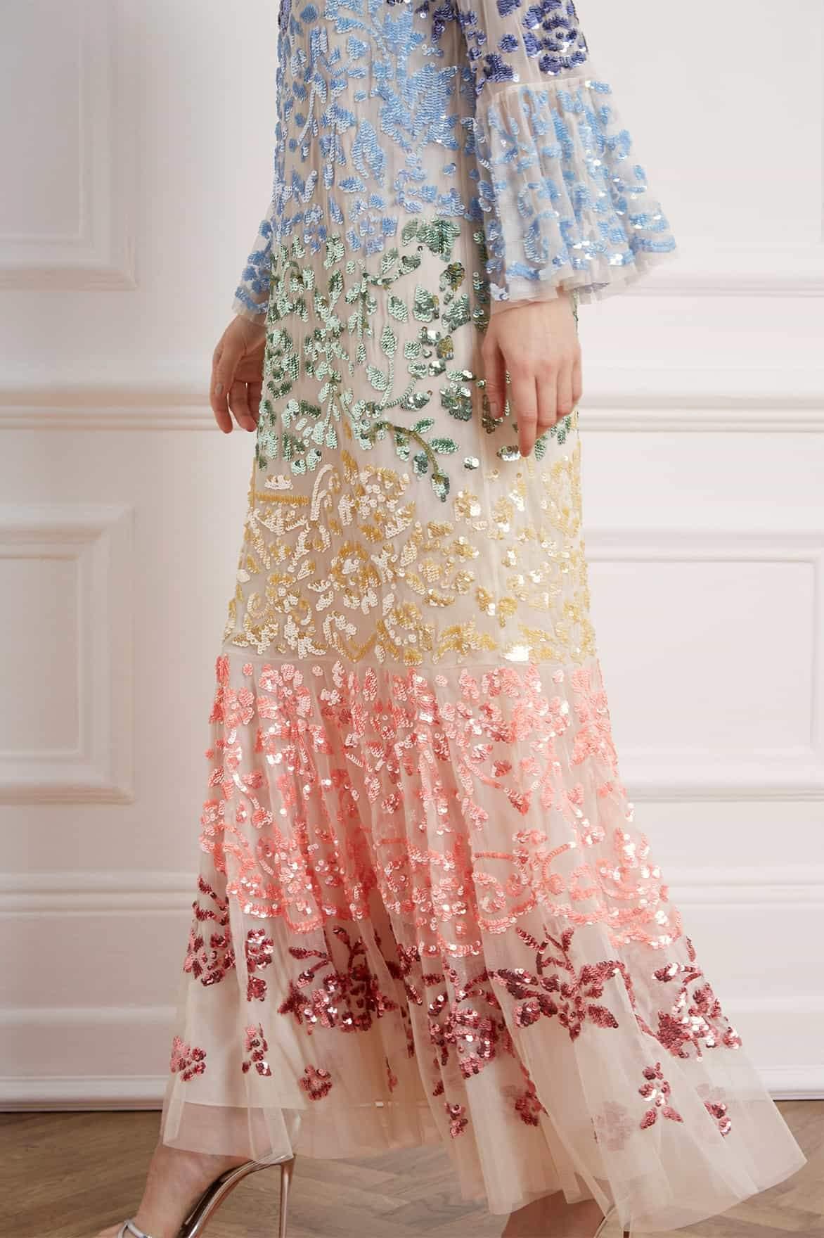 Needle & Thread Lace Chakra Sequin Long Sleeve Gown in Rainbow (Blue) - Lyst