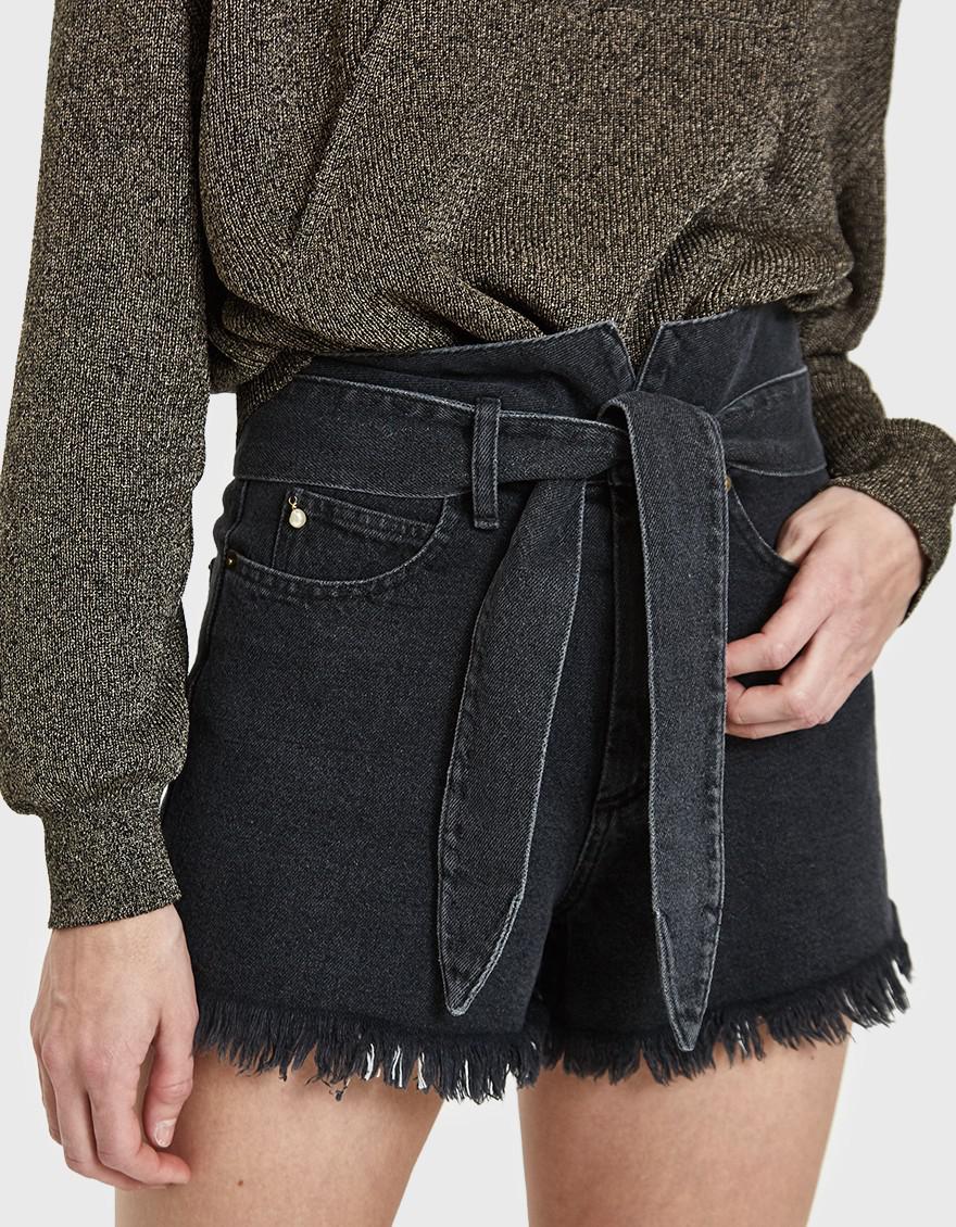 black denim paperbag shorts