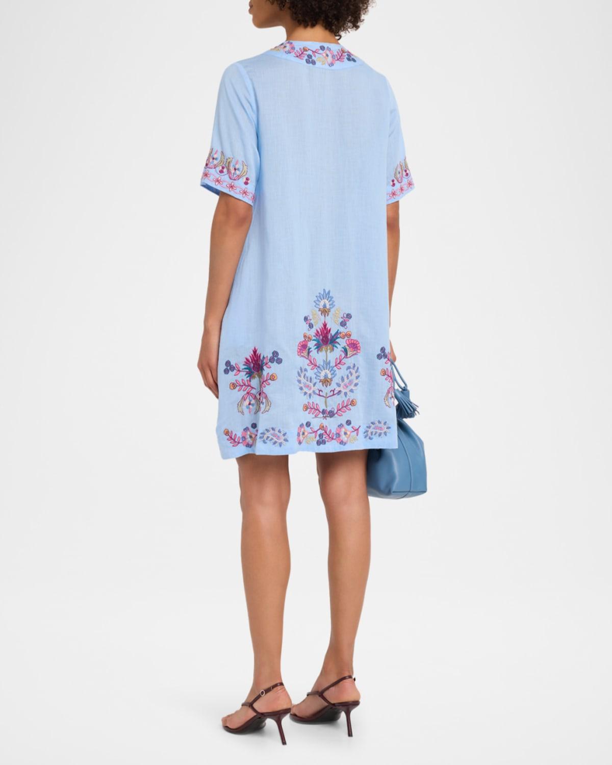 Johnny Was Pleated Floral-Embroidered Mini Shift Dress in Blue | Lyst Johnny Was Pleated Floral-Embroidered Mini Shift Dress in Blue | Lyst