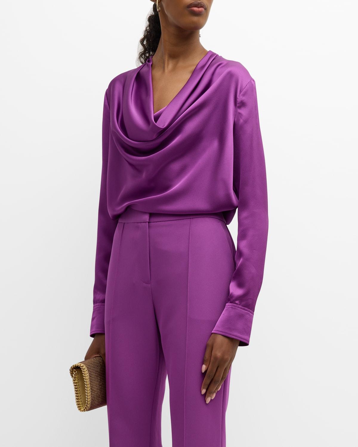MILLY Nancy Asymmetric Cowl-neck Satin Top in Purple | Lyst