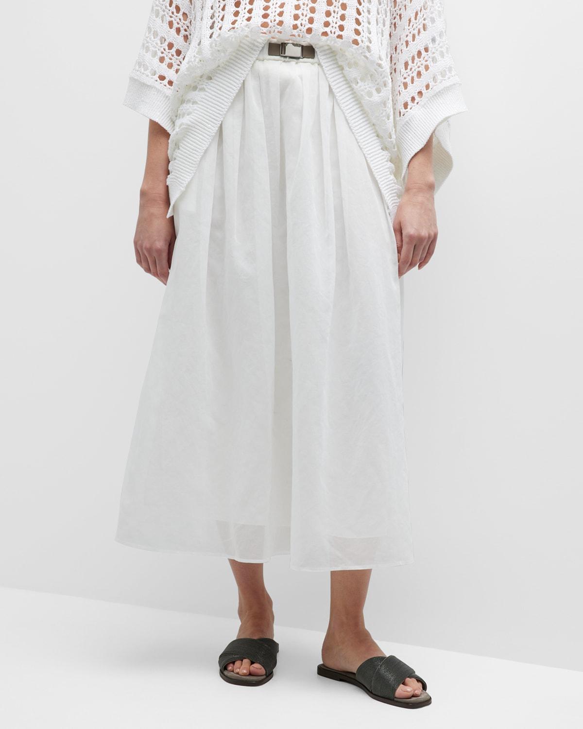 Brunello Cucinelli Pleated Belted Cotton Gauze Fluid Midi Skirt in White |  Lyst