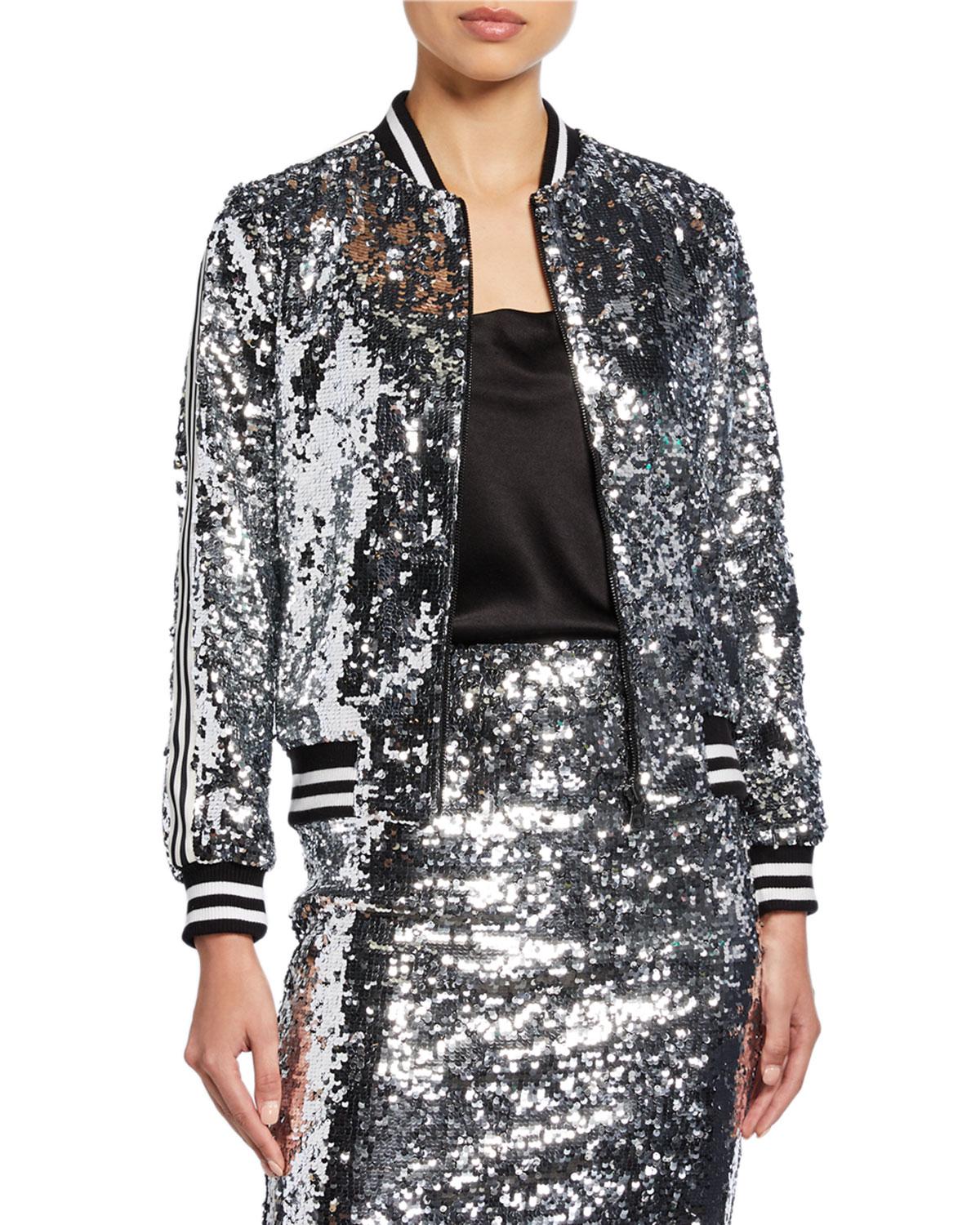Alice + Olivia Synthetic Lonnie Sequin Bomber Jacket in Silver