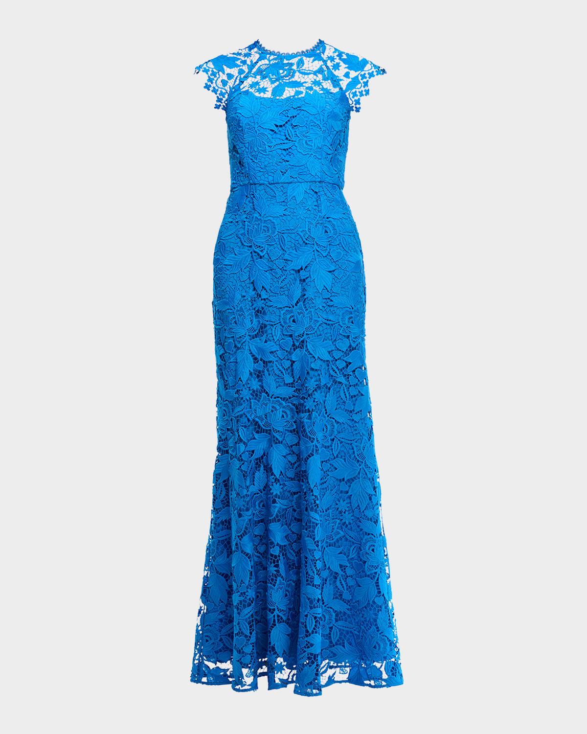 Shoshanna Raven Cap-Sleeve Floral Lace Gown in Blue Lyst