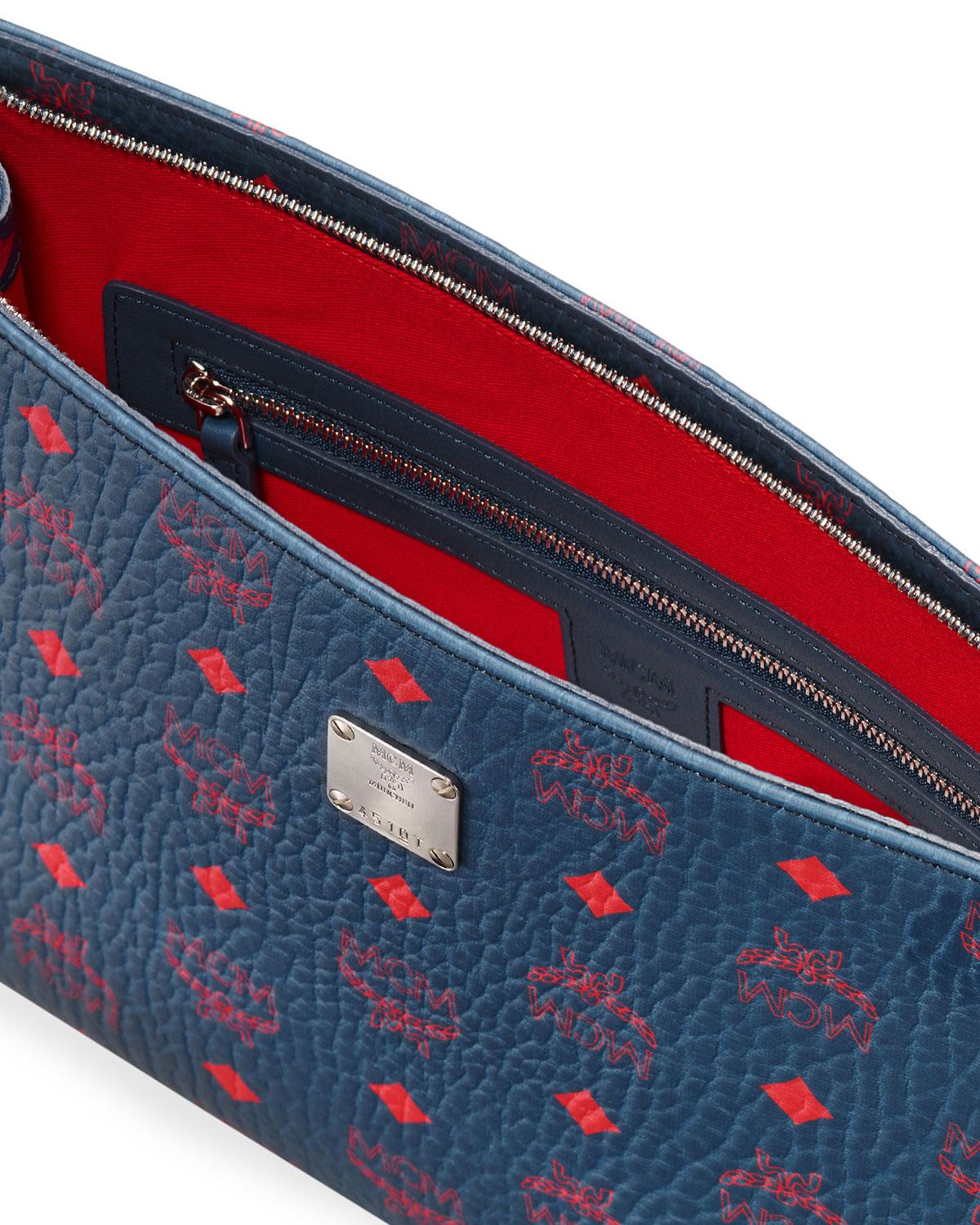 MCM Canvas Visetos Original Medium Pouch Clutch Bag in Blue/Red (Blue