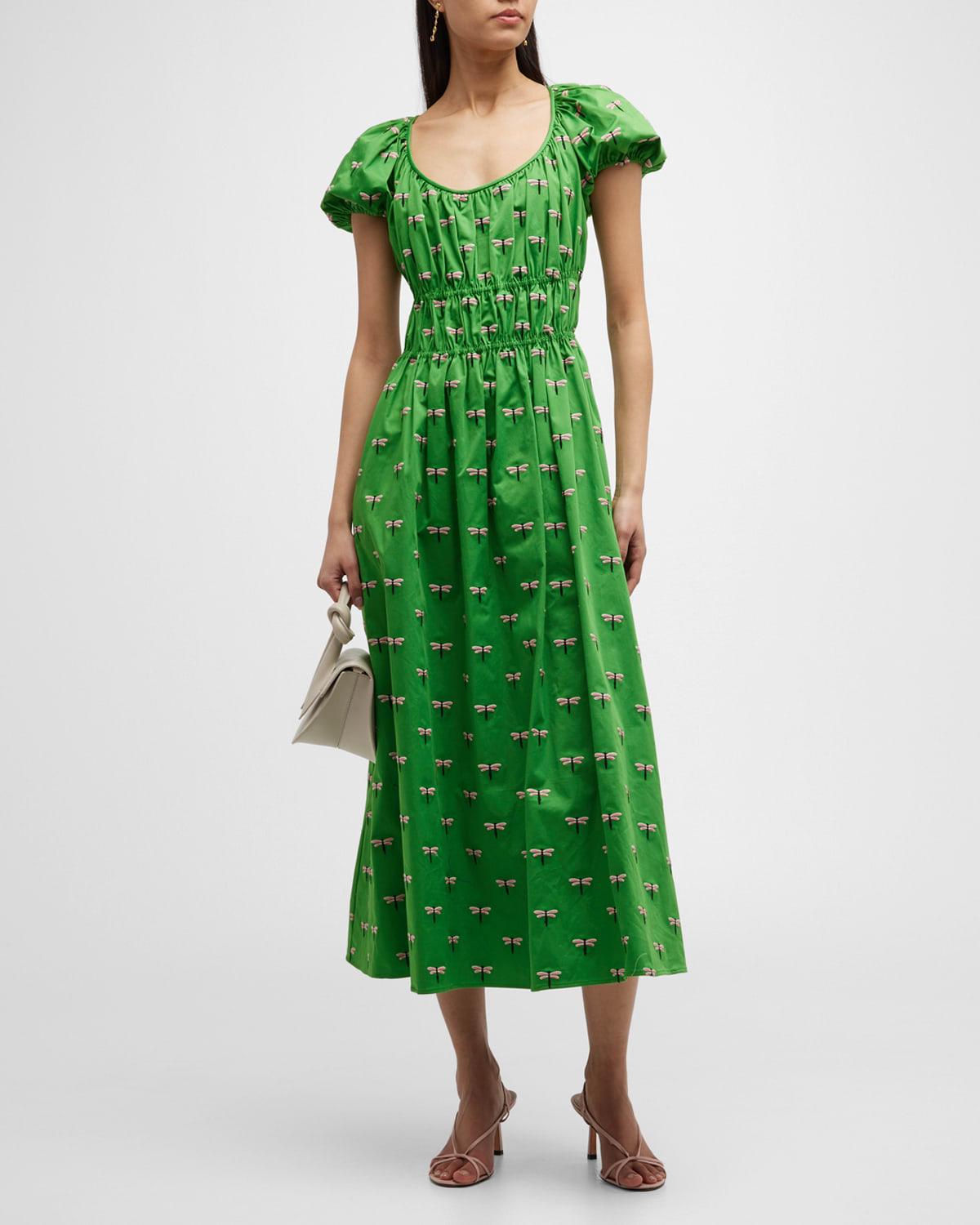 Kate Spade Riviera Embroidered Puff-sleeve Midi Dress in Green | Lyst