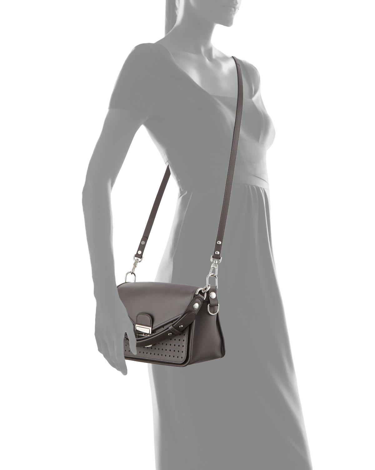 Longchamp Mademoiselle Perforated Leather Crossbody Bag in Grey/Silver