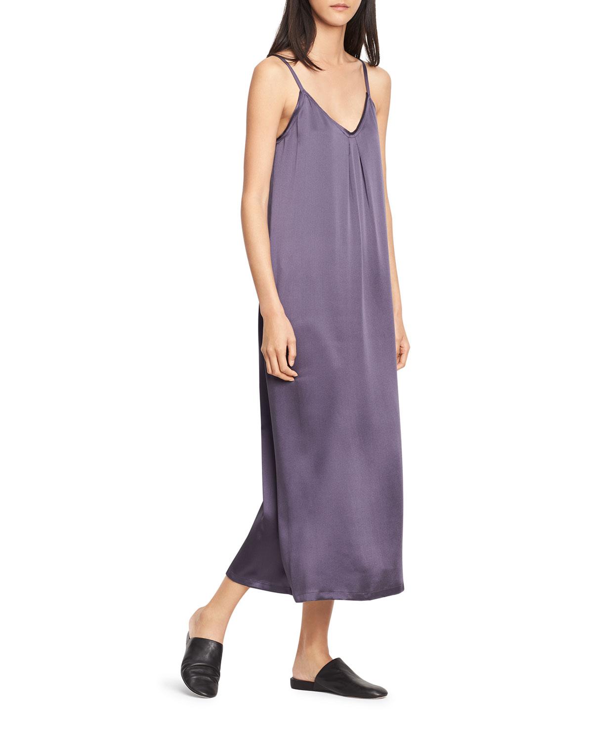 Vince Silk Pleated Vneck Slip Dress in Plum (Purple) Lyst