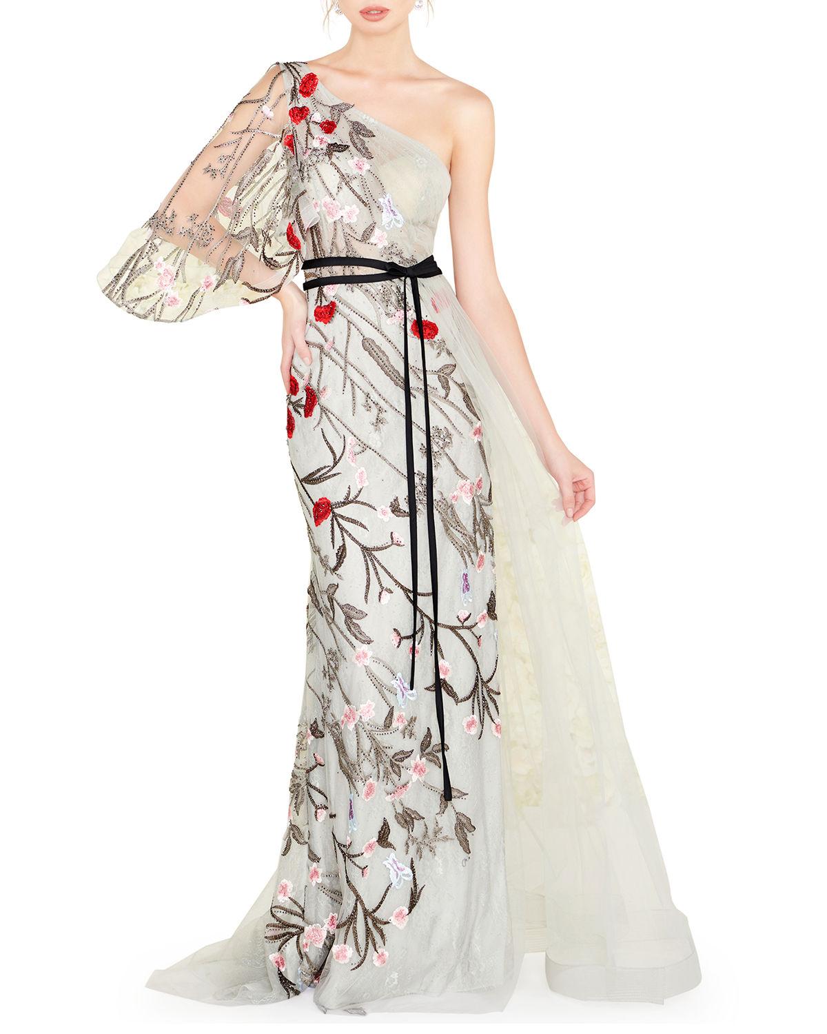 Mac Duggal Floral Embellished One-shoulder Illusion Sleeve Tulle Gown