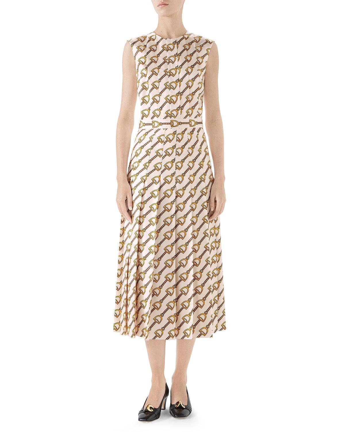 Gucci Pleated Horsebit Print Silk Faille Dress Lyst