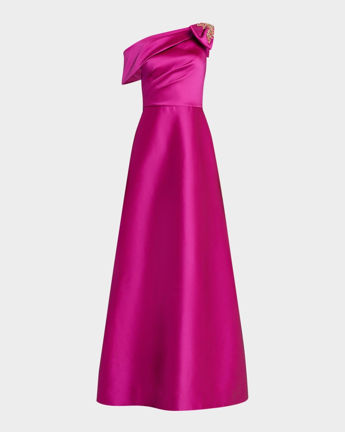 teri jon hot pink dress Teri Jon One-Shoulder Side Ruffle Gown
