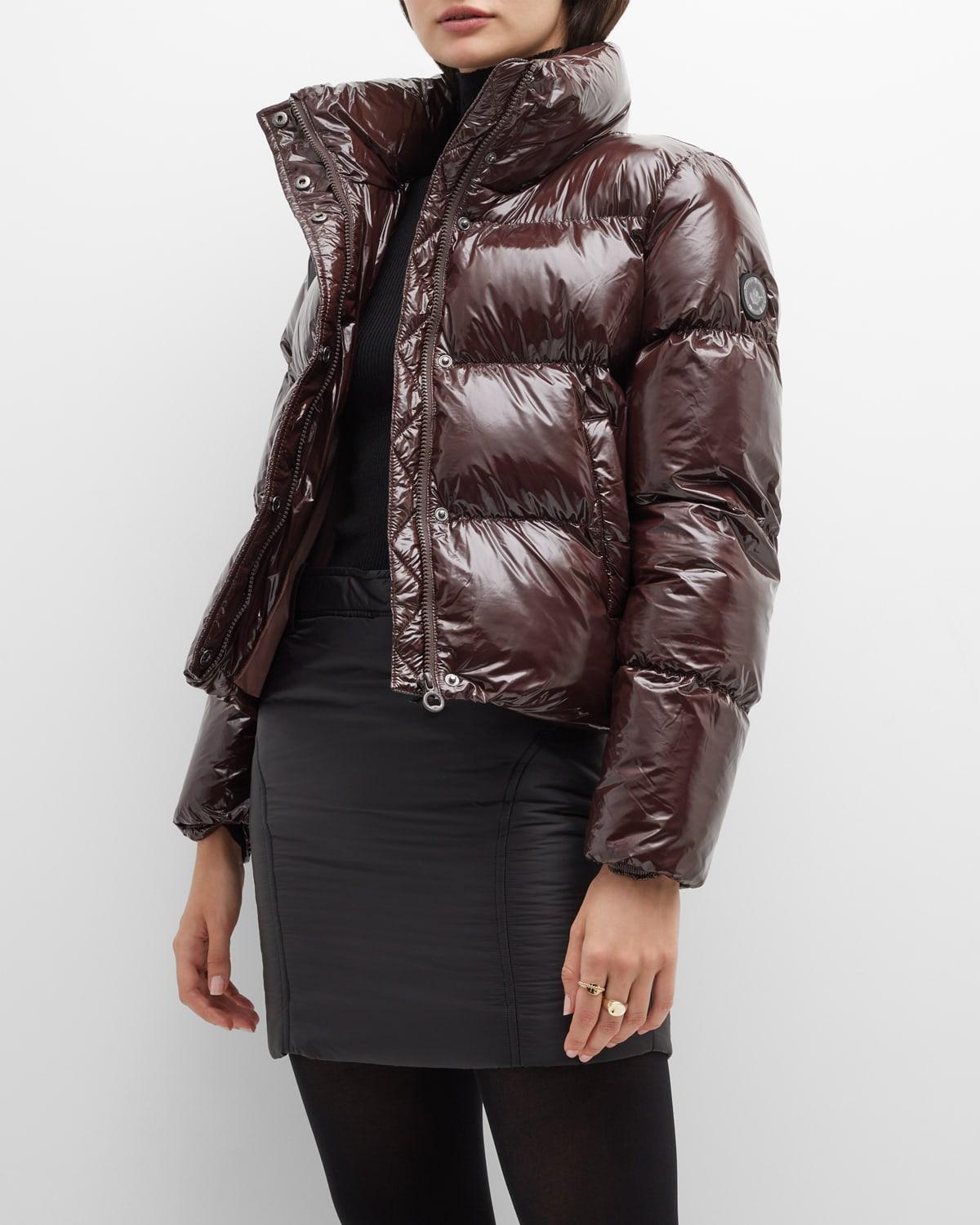 Noize Coco Patent Cropped Puffer Jacket in Brown | Lyst