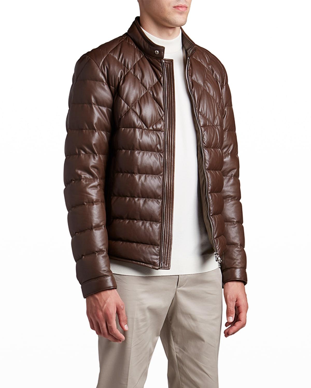 Moncler Grenelle Leather Biker Jacket in Brown for Men | Lyst