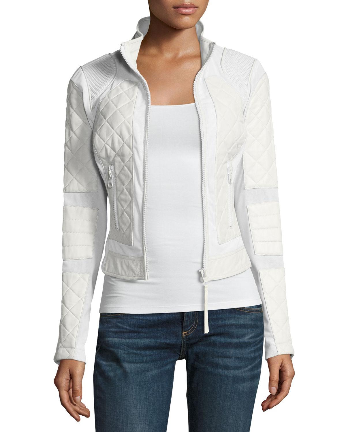 Women S White Quilted Leather Mesh Moto Jacket