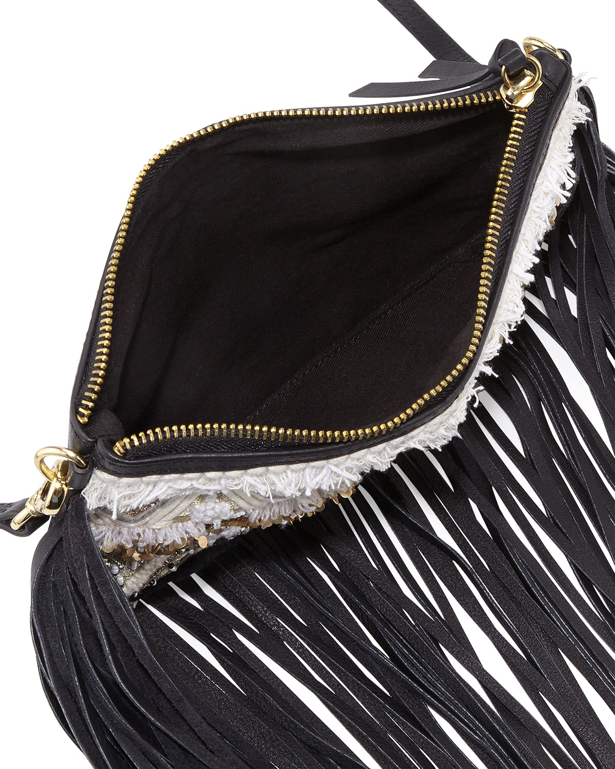 Rebecca Minkoff Leather Taj Beaded Fringe Crossbody Bag in Black/White