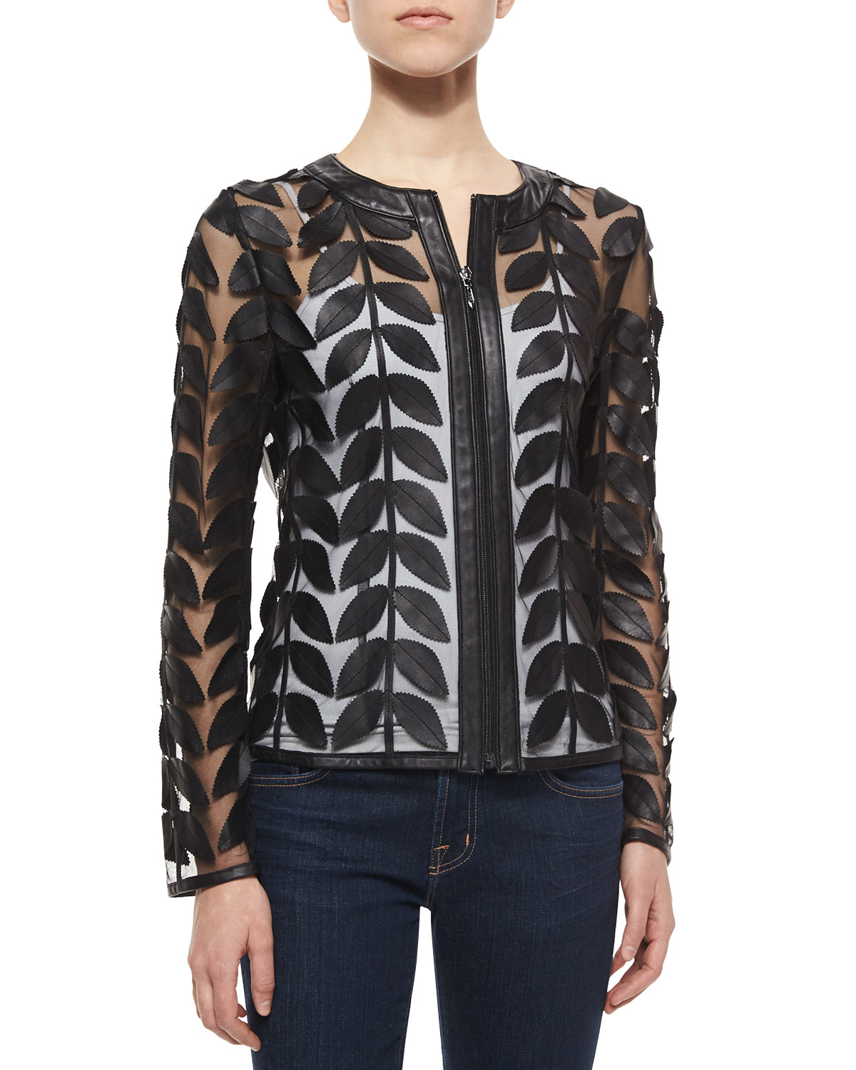 Bagatelle Leather Leaf Mesh Jacket in Black | Lyst