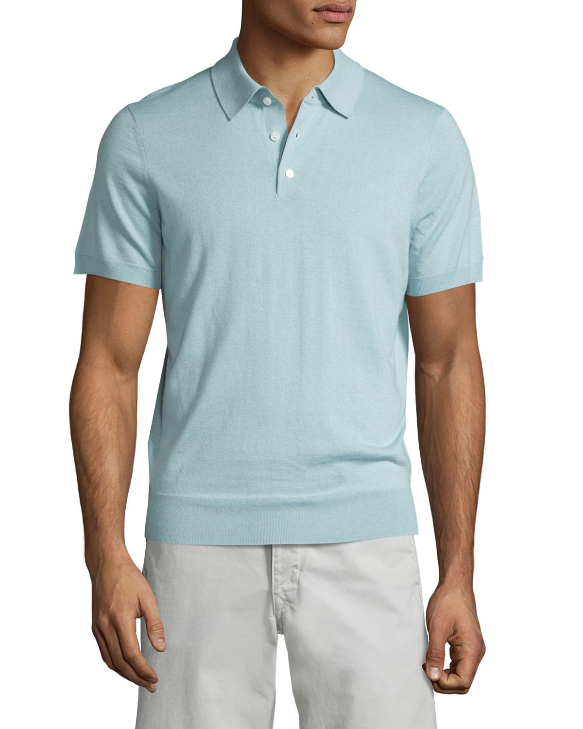 Neiman marcus Short-sleeve Cashmere-silk Polo Shirt in Blue for Men | Lyst