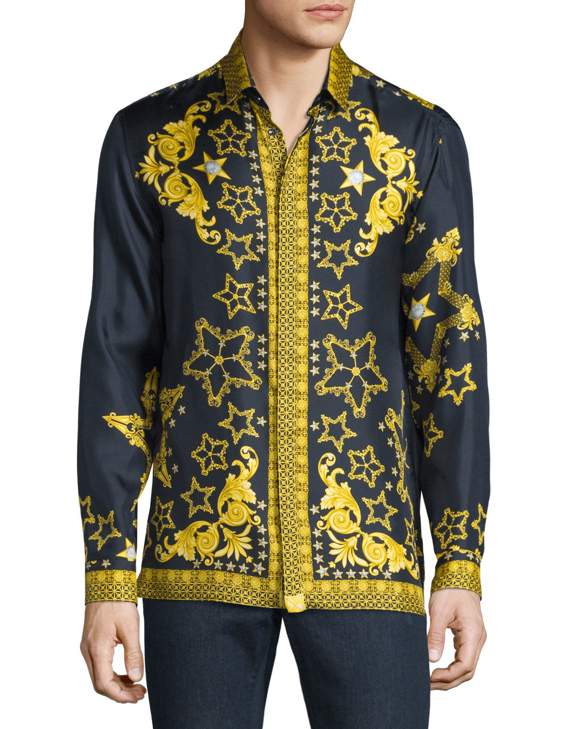 Versace Baroque & Star Printed Long-sleeve Silk Shirt in Navy (Blue ...