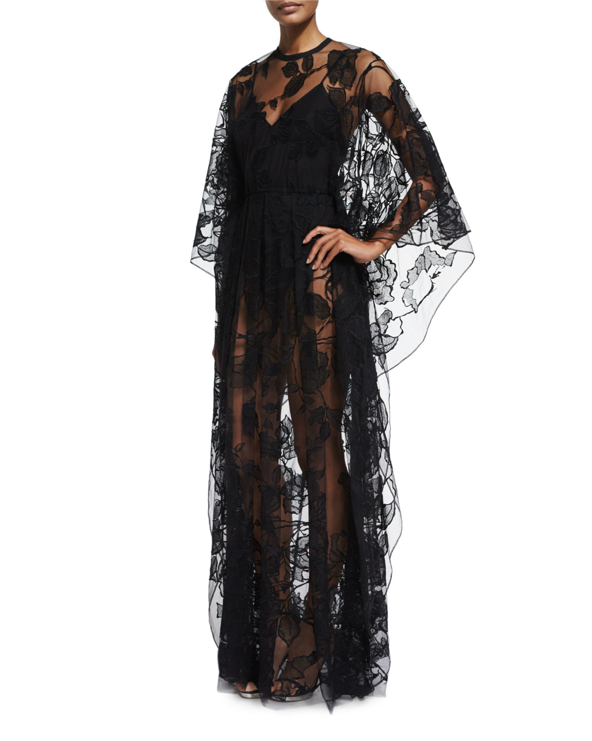 Lyst - Elie Saab Sheer Floral-lace Long-sleeve Gown in Black