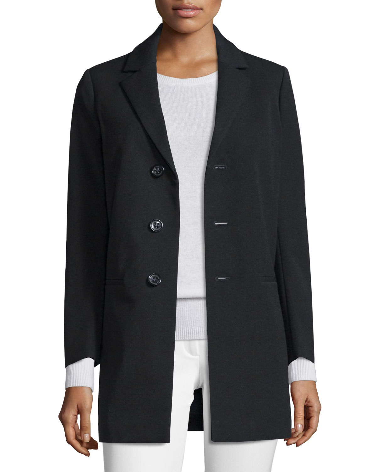 Black Button Front Dip Hem Notch Collar Coat