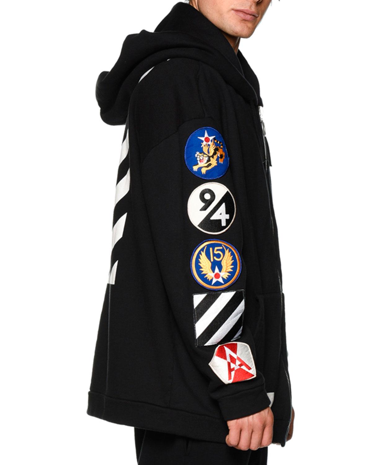 off white hoodie with patches